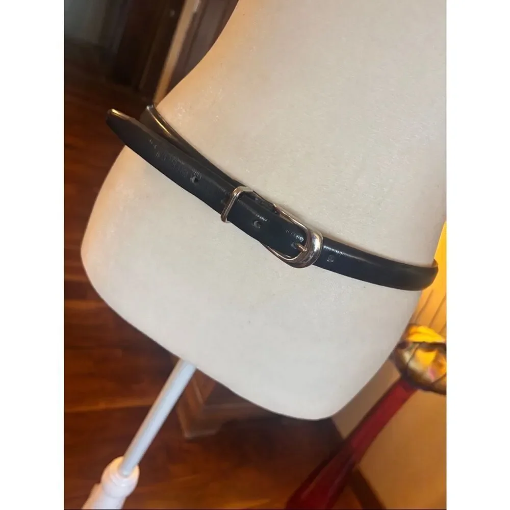 Talbots Black Slim Leather Belt with Silver Buckle - L